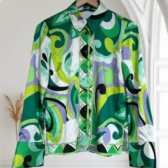 Zara Vibrant Green Patterned button down Shirt sz XS nwot , 012 - Picture 1 of 7